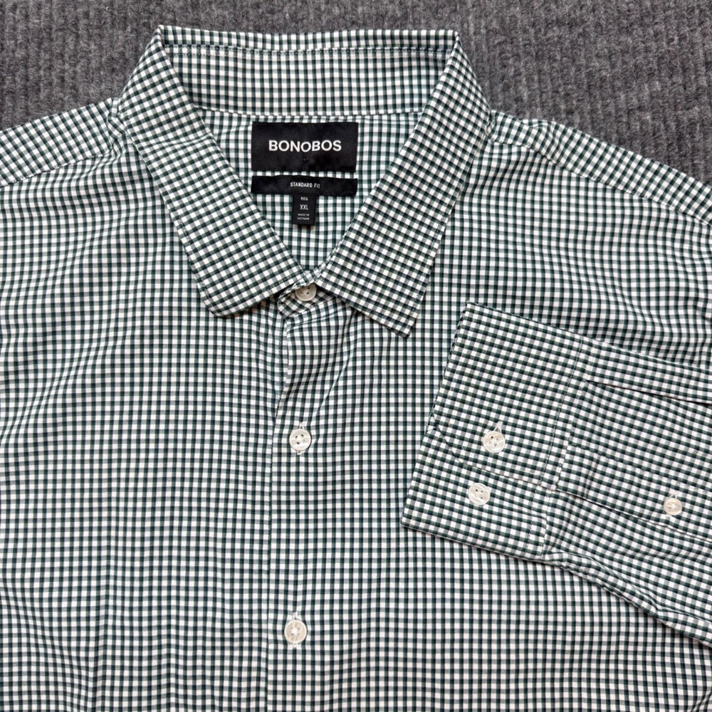 Bonobos Mens XXL Green White Gingham Button Down Shirt Standard Fit Casual